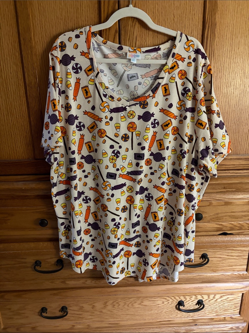 LuLaRoe Halloween Candy Print Top - Cream with Orange & Purple